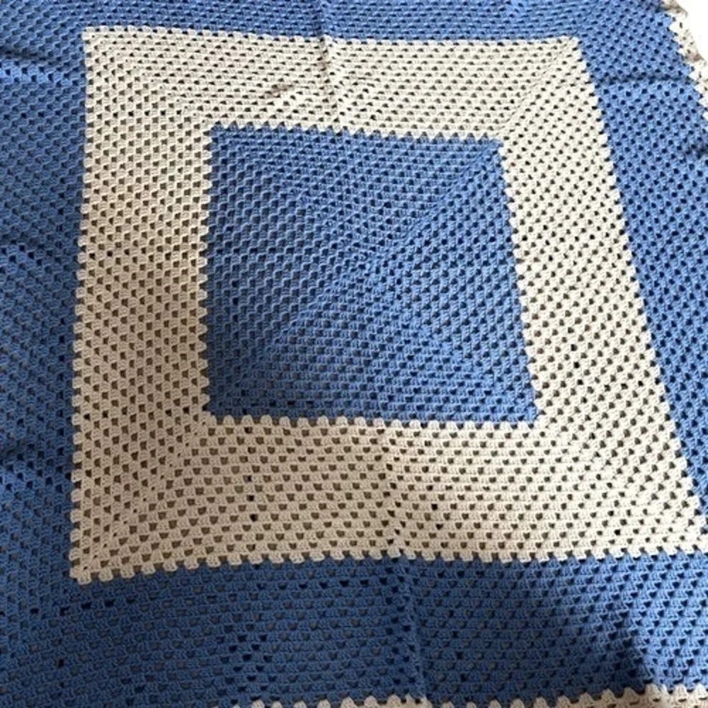 Vintage Granny Square Crochet Blanket Unisex 65x65 Blue Beige Excellent Afghan
